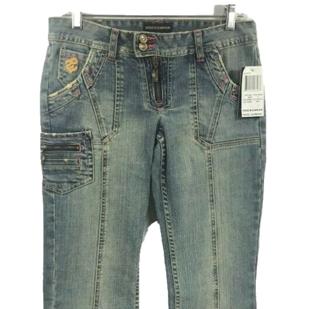 Rocaware Junior Jean's Light Blue Gold Pink Embroidered Cotton & Spandex Size 9